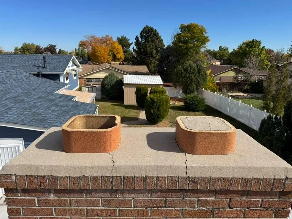 Two clay flue tiles standing on a wide concrete crown with hairline cracks, on a red brick chimney, with a fenced yard, houses and trees behind
