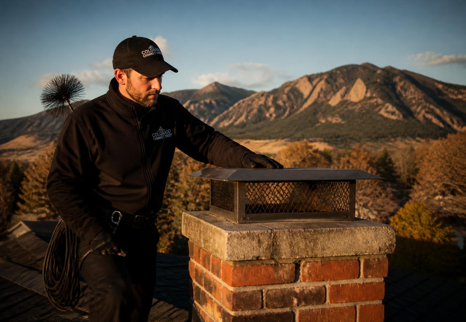 Certified technician inspecting a brick chimney on a Longmont, Colorado rooftop