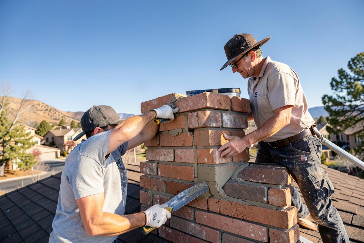 Masons rebuilding a brick chimney crown on a Longmont rooftop